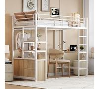 KecDuey Cama alta 90x200, cuna, escritorio, enchufe y USB, varios estantes, armario abierto, barandilla, escalera, marco de hierro (sin colchón) (blanco)