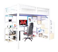 KecDuey Cama alta de 90 x 200 cm, marco de metal, estructura de hierro, bandeja de almacenamiento, escalera con espacio de almacenamiento, escritorio, barra de luces LED, puerto USB incluido, sin