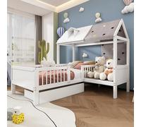 KecDuey Cama individual de madera con forma de casa, 90 x 200 cm, multifuncional, con tela de tienda de campaña, cajones inferiores, sin colchón