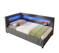 KecDuey Cama tapizada, 90 x 200 cm, cama de día con tira de luz LED con mando a distancia al final de la cama, cama individual con almacenamiento hidráulico, USB + tipo C, lino (gris)