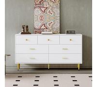 KecDuey Cómoda de color blanco, 140 x 35 x 76 cm, 7 cajones, asas doradas, patas doradas, guías de cajones lisos, para comedor, aparador de cocina, armario de almacenamiento, cajones elevadores