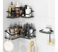 KedioPio Organizador de ducha esquinero, paquete de 3 estantes esquineros de baño inoxidables con soporte para jabón, sin taladrar, organizador de ducha adhesivo con 12 ganchos para baño o cocina