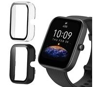 KeeFos 2 Pack Funda Compatible con Amazfit Bip 3, PC Cubierta Protección con Cristal Templado Protector Pantalla, Protección Completa Funda para Amazfit Bip 3 - Negro+Transparente