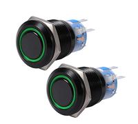 Keenso - 2 Interruptores Pulsadores de Presión de 19 mm, 12 V, de Metal Negro y Concha, LED, Resistentes al Agua, de Acero Inoxidable, Autobloqueo, Color Verde