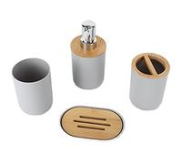 Keenso Juego de Baño de bambú Moderno, Taza de Cepillo de Dientes Suave para el Hogar, Hotel, Juego de Duradero para Familiares y Amigos, 4 Piezas, Material de Plástico y bambú (Grey)