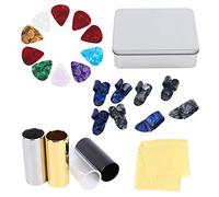 Keenso Kit de Accesorios de Guitarra, celuloide de Metal Ultrafino de 10 púas de celuloide + 4 Deslizadores de Guitarra + Cuna de 8 Dedos para Regalos de Guitarra