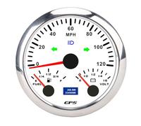 Keenso Velocímetro GPS 3 en 1 de 85 Mm, Odómetro, con Voltímetro, Indicador de Nivel de, Señal de Giro, 120 MPH, Retroiluminación de 7 Colores, para Carreras de (Esfera blanca y bisel plateado