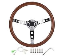 Keenso Volante, Volante de 15 Pulgadas y 6 Orificios, Empuñadura de Madera de Caoba Retro, Acabado de Espejo con Radios de Acero Inoxidable, con Cable de Cubierta de Bocina, para