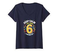 Keep Calm I Just Turned 6 Regalo de cumpleaños para niños Camiseta Cuello V, Mujer, Azul Marino, XXL