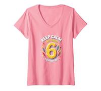 Keep Calm I Just Turned 6 Regalo de cumpleaños para niños Camiseta Cuello V, Mujer, Rosado, M