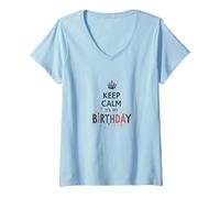 Keep Calm It's My Birthday Festive Crown, cumpleañera Camiseta Cuello V, Mujer, Azul Bebé, M