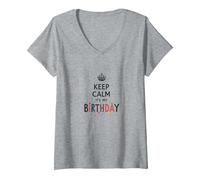 Keep Calm It's My Birthday Festive Crown, cumpleañera Camiseta Cuello V, Mujer, Gris Jaspeado, S
