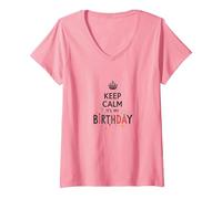 Keep Calm It's My Birthday Festive Crown, cumpleañera Camiseta Cuello V, Mujer, Rosado, XL