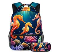 Keep Their Essentials in One Place, juego de 2 mochilas escolares para niños, mochila y estuche, bonito caballito de mar, multicolor, B：29.4x20x40cm P：19x7.5x3.8cm, Mochilas de día