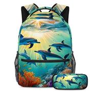 Keep Your Essentials Close, mochila con estuche, versátil juego de mochila escolar para niños, niñas y adolescentes, bonito delfín, multicolor, B：29.4x20x40cm P：19x7.5x3.8cm, Mochilas de día