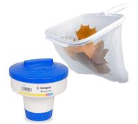 Keeper Kit Recoge Hojas para Piscina + Dosificador de Cloro. Recoje Hojas con Fijación Palomilla y Bolsa Grande. Red para Piscinas. Dispensador de Cloro Flotante. Capacidad plastillas 200g
