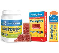 KeepGoing - Pack Ciclismo | 1 Isotonic + Limón + 1 Caja de Gummy + 12 Geles sabor Naranja | Nutrición Deportiva para Ciclismo