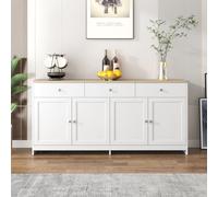 KeepGoon Aparador de buffet, con vetas de madera blanca, cuatro puertas, versátil con espacio de almacenamiento, con tres cajones, pecho de dibujos, perfecto para salón, comedor, cocina