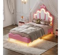 KeepGoon Cama acolchada de 90 x 200, cama infantil con somier de láminas y iluminación LED, cama plana con cabecero en forma de nube, cama de princesa en forma de corona, acolchado suave de piel