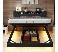 KeepGoon Cama suspendida de 140 x 200 cm, Cama Matrimonio con iluminación LED, Enchufe USB, con almacenaje, con Marco de Listones, PU