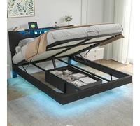 KeepGoon Cama suspendida de 140 x 200 cm, Cama Matrimonio con iluminación LED, Enchufe USB, con almacenaje, con Marco de Listones, PU