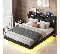 KeepGoon Cama suspendida de 160 x 200 cm, Cama Matrimonio con iluminación LED, Enchufe USB, con almacenaje, con Marco de Listones, PU