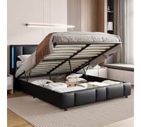 KeepGoon Cama tapizada de 160 x 200 cm, Cama de Matrimonio, con luz LED y Puerto USB, con cabecero y Base de láminas, Cama con canapé, Estructura de Cama hidráulica, Tejido de PU, sin colchón
