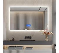 KeepGoon Espejo de baño con iluminación, 60 x 100 cm, con indicador de temperatura, función antivaho, ajuste de brillo de tres niveles, espejo rectangular, sin marco, sin lijado, espejo de baño