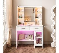 KeepGoon Tocador iluminado con espejo, dos cajones, varios estantes y un soporte, USB y LED