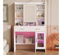 KeepGoon Tocador iluminado con espejo, dos cajones, varios estantes y un soporte, USB y LED