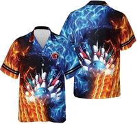 keephen 3D Hawaiano Camisa de Boliche para Jugadores de Billar Mujer Hombre Colorido Llama Bowling Bolos Gráfico Cuello Solapa Blusa Tops