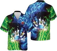 keephen 3D Hawaiano Camisa de Boliche para Jugadores de Billar Mujer Hombre Colorido Llama Bowling Bolos Gráfico Cuello Solapa Blusa Tops