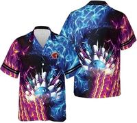keephen 3D Hawaiano Camisa de Boliche para Jugadores de Billar Mujer Hombre Colorido Llama Bowling Bolos Gráfico Cuello Solapa Blusa Tops