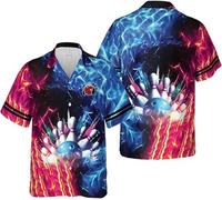 keephen 3D Hawaiano Camisa de Boliche para Jugadores de Billar Mujer Hombre Colorido Llama Bowling Bolos Gráfico Cuello Solapa Blusa Tops