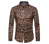 keephen Camisa Ajustada con Estilo de Leopardo Casual Elegante de Los Hombres Camisa Retro de Manga Larga