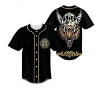 keephen Camiseta de béisbol Estampada símbolos nórdicos Vikingos, Camisa Abotonada Informal Hombre, Estampado Integral Odin Lobo Martillo de Thor Ropa Streetwear