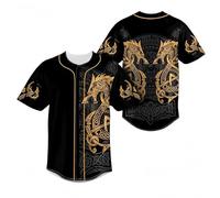 keephen Camiseta de béisbol Estampada símbolos nórdicos Vikingos, Camisa Abotonada Informal Hombre, Estampado Integral Odin Lobo Martillo de Thor Ropa Streetwear