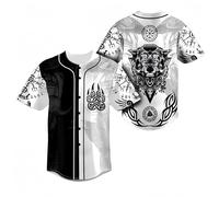 keephen Camiseta de béisbol Estampada símbolos nórdicos Vikingos, Camisa Abotonada Informal Hombre, Estampado Integral Odin Lobo Martillo de Thor Ropa Streetwear