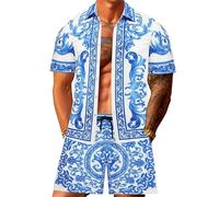 keephen Conjunto de 2 piezas para hombre: Camisa con botones con estampado de cadena dorada y flamencos tropicales y pantalones cortos con cintura elástica atuendo de playa para vacaciones