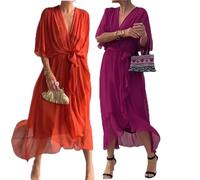 Keepholdon Dress, Elegant V-Neck Maxi Dress for Women, High Waist Chiffon Dress with Sleeves and Asymmetrical Hem