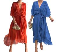 Keepholdon Dress, Elegant V-Neck Maxi Dress for Women, High Waist Chiffon Dress with Sleeves and Asymmetrical Hem