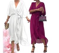 Keepholdon Dress, Elegant V-Neck Maxi Dress for Women, High Waist Chiffon Dress with Sleeves and Asymmetrical Hem
