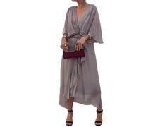 Keepholdon Dress, Elegant V-Neck Maxi Dress for Women, High Waist Chiffon Dress with Sleeves and Asymmetrical Hem