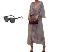 Keepholdon Dress, Elegant V-Neck Maxi Dress with Sleeves,Comfortable Skin-Friendly, High Waist Irregular Chiffon Summer Dress (Gray,3XL)