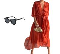 Keepholdon Dress, Elegant V-Neck Maxi Dress with Sleeves,Comfortable Skin-Friendly, High Waist Irregular Chiffon Summer Dress (Tangerine,S)