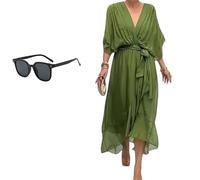 Keepholdon Dress, Elegant V-Neck Maxi Dress with Sleeves,Comfortable Skin-Friendly, High Waist Irregular Chiffon Summer Dress (Green,S)