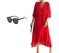 Keepholdon Dress, Elegant V-Neck Maxi Dress with Sleeves,Comfortable Skin-Friendly, High Waist Irregular Chiffon Summer Dress (Red,3XL)
