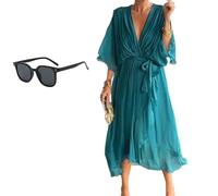 Keepholdon Dress, Elegant V-Neck Maxi Dress with Sleeves,Comfortable Skin-Friendly, High Waist Irregular Chiffon Summer Dress (Lake Blue,L)