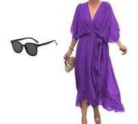 Keepholdon Dress, Elegant V-Neck Maxi Dress with Sleeves,Comfortable Skin-Friendly, High Waist Irregular Chiffon Summer Dress (Purple,XXL)