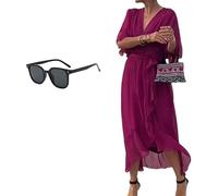 Keepholdon Dress, Elegant V-Neck Maxi Dress with Sleeves,Comfortable Skin-Friendly, High Waist Irregular Chiffon Summer Dress (Fuchsia,3XL)